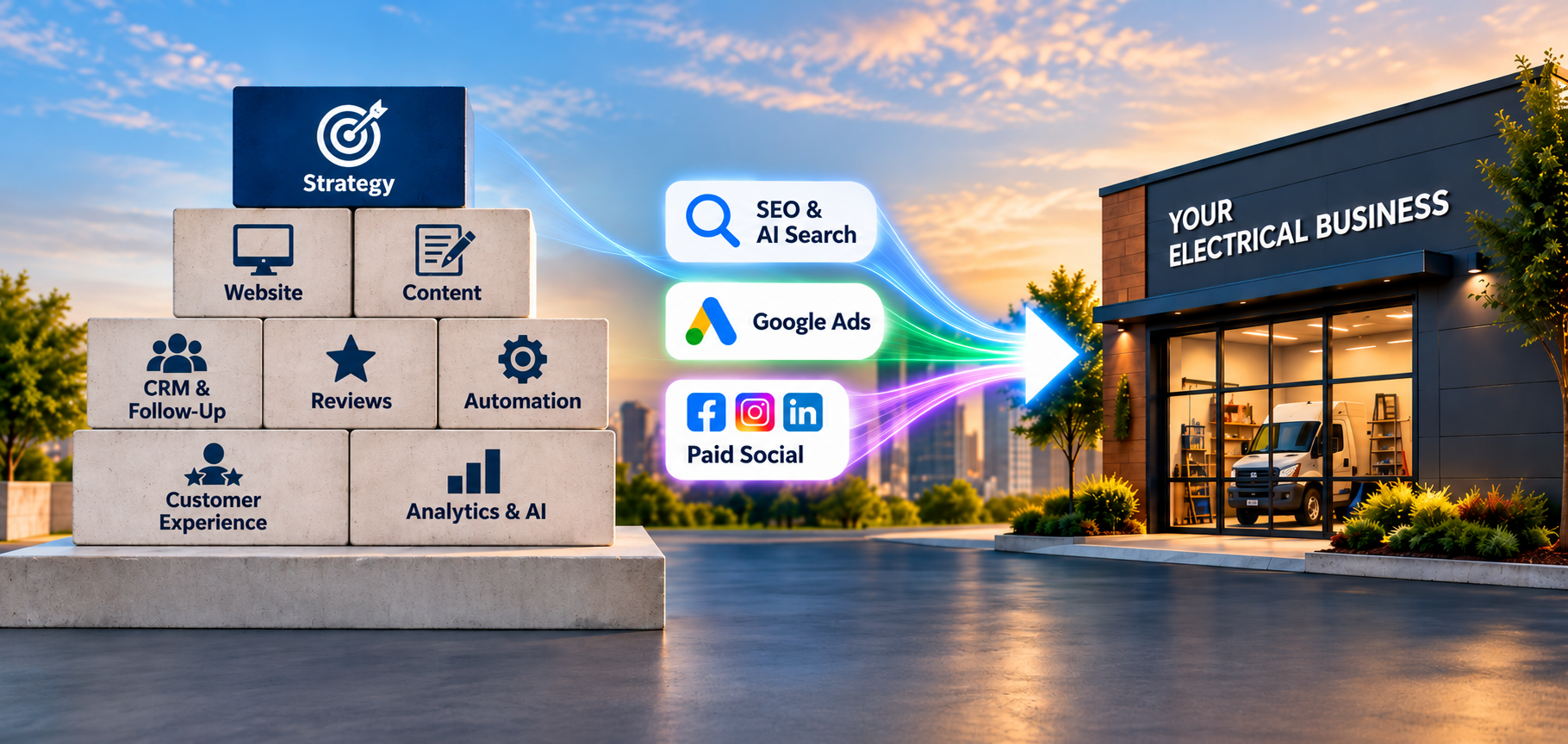 Foundation blocks on the left, SEO & AI Search / Google Ads / Paid Social traffic in the center, electrical business storefront on the right