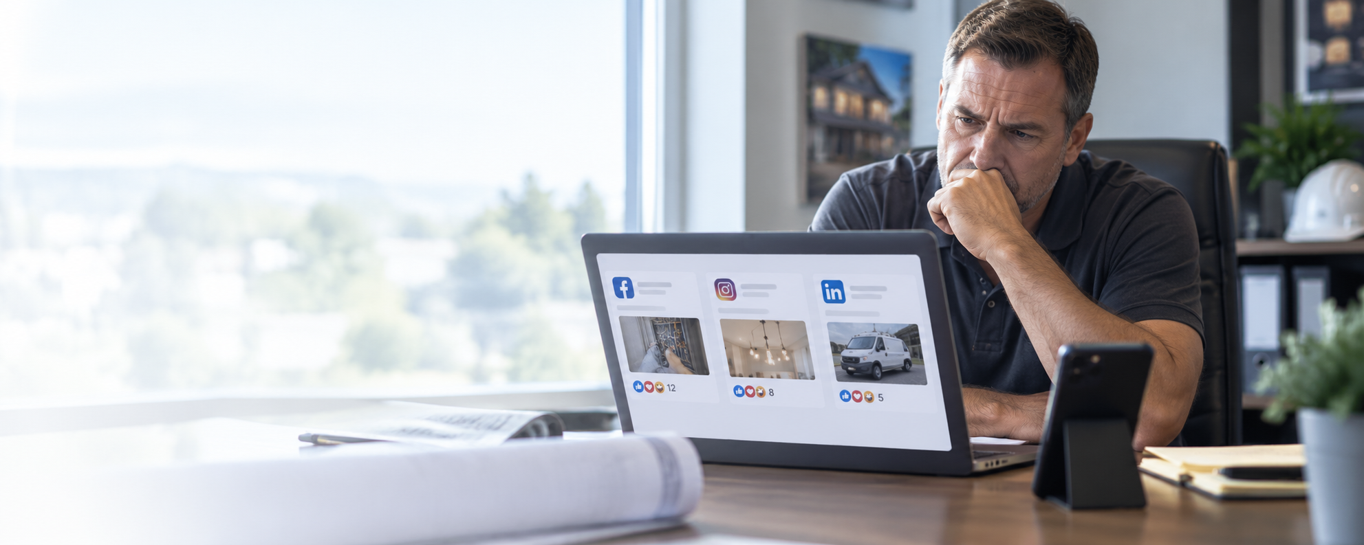 Homeowners using a laptop with an AI chat and voice assistant on their couch in a bright living room